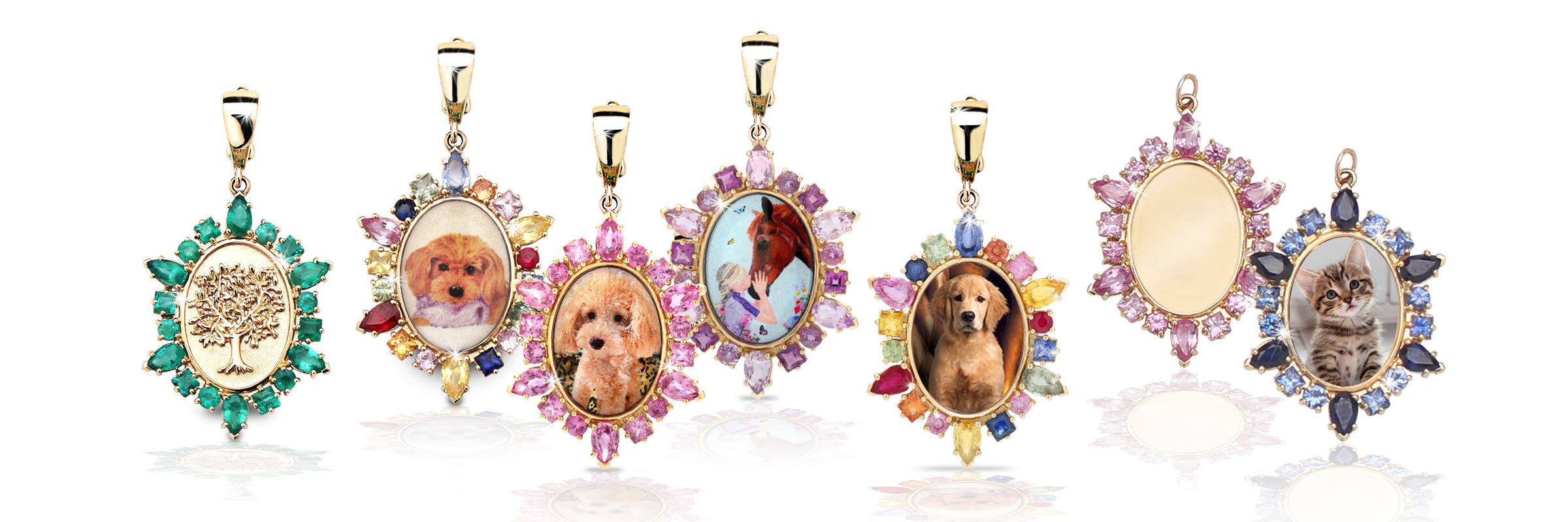 Emily & Ashley personalized pet portrait pendants with gemstone halos