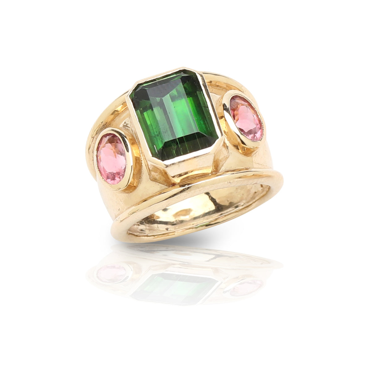 Green tourmaline and pink sapphire ring in 14k gold