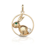 14k Gold Bunny Charm with Gemstone Eye & Pearl Tail